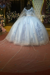 Off-Shoulder Ball Gown Beaded Sequins & Baby Blue Tulle Formal Dress for Quinceanera Sweet 16 and Evening Events
